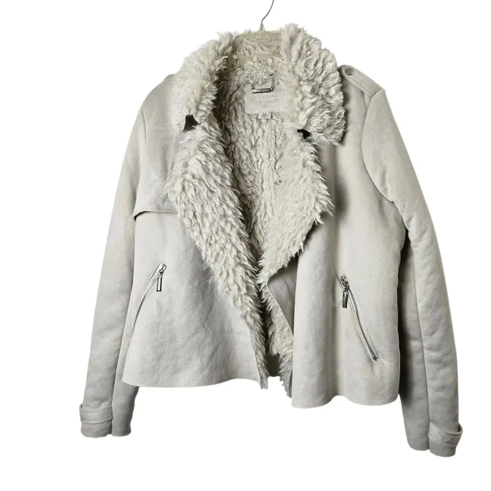 Y2K Women’s XL Faux Shearling Moto Jacket Cream Beige Cozy Winter Biker Coat